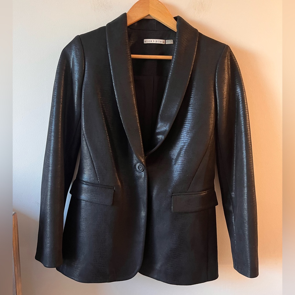 Alice + Olivia Macey Vegan Leather Black Blazer Jacket - 4